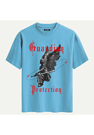 Unisex Bisiklet Yaka %100 Organik Pamuklu Kalın Dokulu Guardian Protection Baskılı Oversize T-shirt - MAVİ