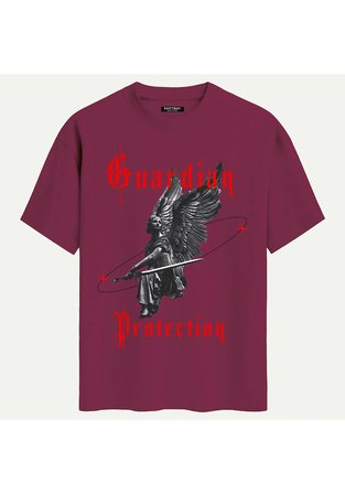 Unisex Bisiklet Yaka %100 Organik Pamuklu Kalın Dokulu Guardian Protection Baskılı Oversize T-shirt - BORDO