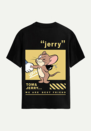 Unisex Bisiklet Yaka %100 Organik Pamuklu Kalın Dokulu Jerry Baskılı Oversize T-shirt - SİYAH