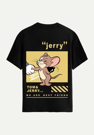 Unisex Bisiklet Yaka %100 Organik Pamuklu Kalın Dokulu Jerry Baskılı Oversize T-shirt - SİYAH