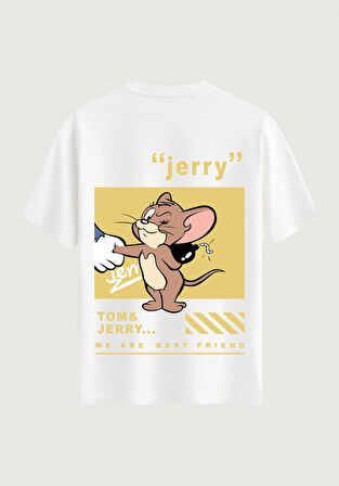 Unisex Bisiklet Yaka %100 Organik Pamuklu Kalın Dokulu Jerry Baskılı Oversize T-shirt - BEYAZ