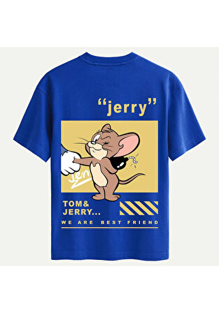 Unisex Bisiklet Yaka %100 Organik Pamuklu Kalın Dokulu Jerry Baskılı Oversize T-shirt - SAKS MAVİSİ