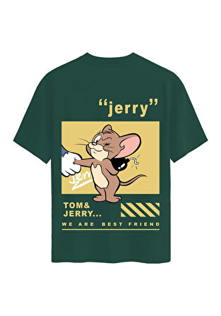 Unisex Bisiklet Yaka %100 Organik Pamuklu Kalın Dokulu Jerry Baskılı Oversize T-shirt - KOYU YEŞİL