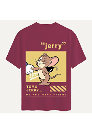 Unisex Bisiklet Yaka %100 Organik Pamuklu Kalın Dokulu Jerry Baskılı Oversize T-shirt - BORDO