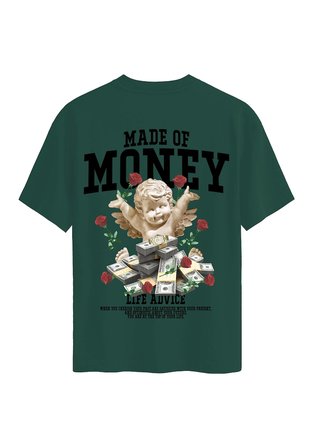 Unisex Bisiklet Yaka %100 Organik Pamuklu Kalın Dokulu Made Of Money Baskılı Oversize T-shirt - KOYU YEŞİL