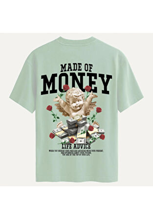 Unisex Bisiklet Yaka %100 Organik Pamuklu Kalın Dokulu Made Of Money Baskılı Oversize T-shirt - BEJ