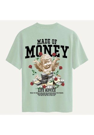 Unisex Bisiklet Yaka %100 Organik Pamuklu Kalın Dokulu Made Of Money Baskılı Oversize T-shirt - BEJ