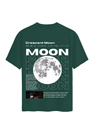 Unisex Bisiklet Yaka %100 Organik Pamuklu Kalın Dokulu Moon Baskılı Oversize T-shirt - KOYU YEŞİL