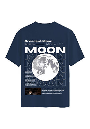 Unisex Bisiklet Yaka %100 Organik Pamuklu Kalın Dokulu Moon Baskılı Oversize T-shirt - LACİVERT