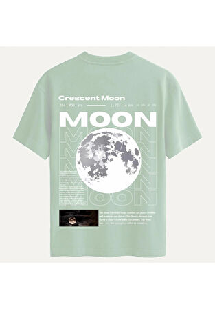 Unisex Bisiklet Yaka %100 Organik Pamuklu Kalın Dokulu Moon Baskılı Oversize T-shirt - BEJ