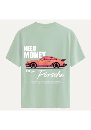 Unisex Bisiklet Yaka %100 Organik Pamuklu Kalın Dokulu Need Money For Porsche Baskılı Oversize T-shirt - BEJ