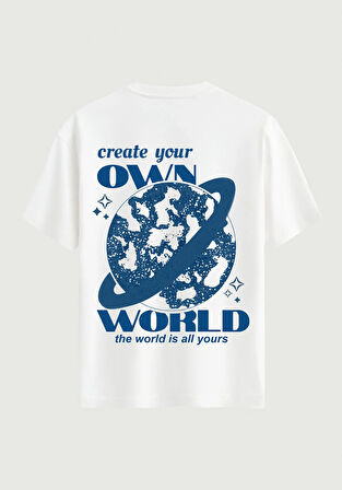 Unisex Bisiklet Yaka %100 Organik Pamuklu Kalın Dokulu Own World Baskılı Oversize T-shirt - BEYAZ