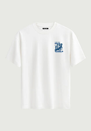 Unisex Bisiklet Yaka %100 Organik Pamuklu Kalın Dokulu Own World Baskılı Oversize T-shirt - BEYAZ