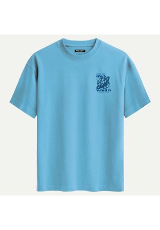 Unisex Bisiklet Yaka %100 Organik Pamuklu Kalın Dokulu Own World Baskılı Oversize T-shirt - MAVİ