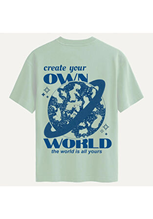 Unisex Bisiklet Yaka %100 Organik Pamuklu Kalın Dokulu Own World Baskılı Oversize T-shirt - BEJ