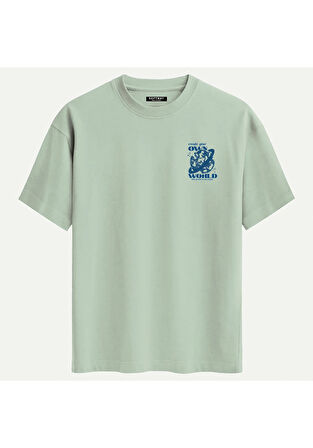 Unisex Bisiklet Yaka %100 Organik Pamuklu Kalın Dokulu Own World Baskılı Oversize T-shirt - BEJ
