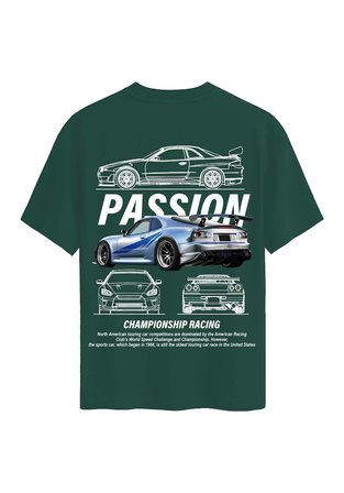 Unisex Bisiklet Yaka %100 Organik Pamuklu Kalın Dokulu Passion Baskılı Oversize T-shirt - KOYU YEŞİL