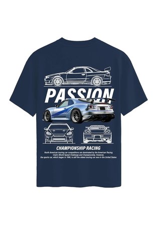 Unisex Bisiklet Yaka %100 Organik Pamuklu Kalın Dokulu Passion Baskılı Oversize T-shirt - LACİVERT