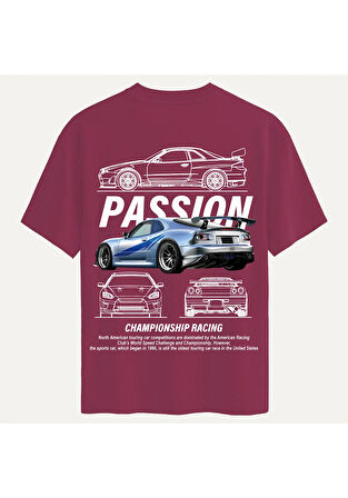 Unisex Bisiklet Yaka %100 Organik Pamuklu Kalın Dokulu Passion Baskılı Oversize T-shirt - BORDO