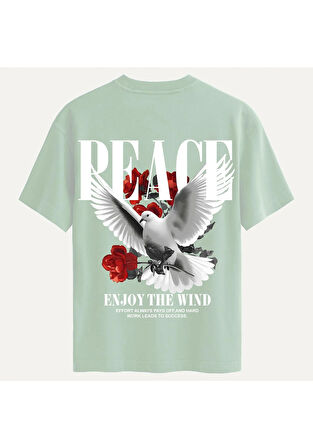 Unisex Bisiklet Yaka %100 Organik Pamuklu Kalın Dokulu Peace Baskılı Oversize T-shirt - BEJ