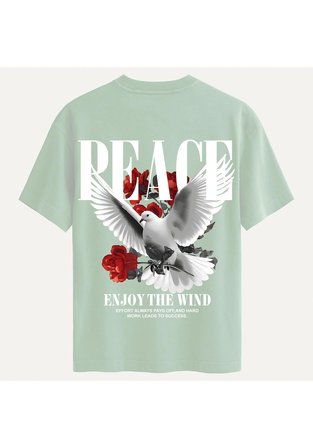 Unisex Bisiklet Yaka %100 Organik Pamuklu Kalın Dokulu Peace Baskılı Oversize T-shirt - BEJ