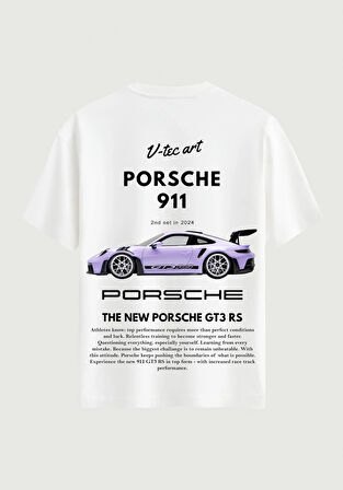 Unisex Bisiklet Yaka %100 Organik Pamuklu Kalın Dokulu Porsche 911 Baskılı Oversize T-shirt - BEYAZ