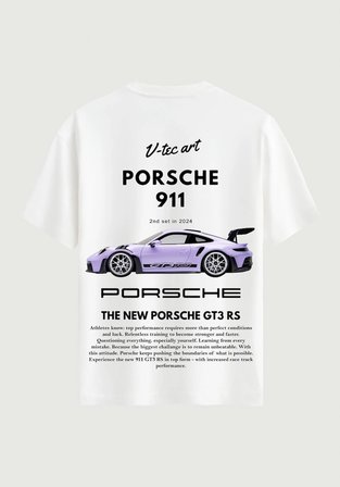 Unisex Bisiklet Yaka %100 Organik Pamuklu Kalın Dokulu Porsche 911 Baskılı Oversize T-shirt - BEYAZ