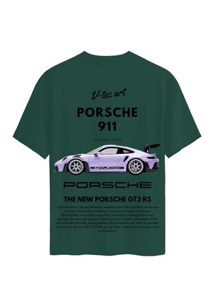Unisex Bisiklet Yaka %100 Organik Pamuklu Kalın Dokulu Porsche 911 Baskılı Oversize T-shirt - KOYU YEŞİL