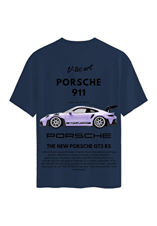 Unisex Bisiklet Yaka %100 Organik Pamuklu Kalın Dokulu Porsche 911 Baskılı Oversize T-shirt - LACİVERT