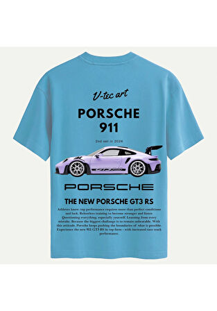 Unisex Bisiklet Yaka %100 Organik Pamuklu Kalın Dokulu Porsche 911 Baskılı Oversize T-shirt - MAVİ