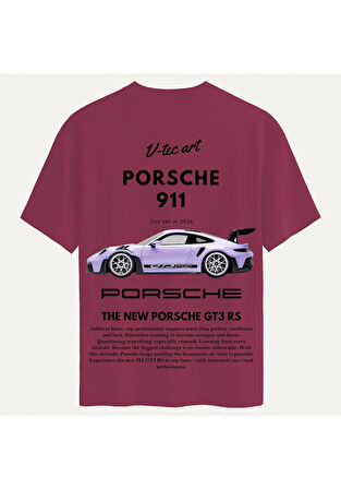Unisex Bisiklet Yaka %100 Organik Pamuklu Kalın Dokulu Porsche 911 Baskılı Oversize T-shirt - BORDO