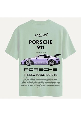 Unisex Bisiklet Yaka %100 Organik Pamuklu Kalın Dokulu Porsche 911 Baskılı Oversize T-shirt - BEJ