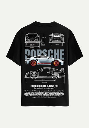Unisex Bisiklet Yaka %100 Organik Pamuklu Kalın Dokulu Porsche 911 gt3 rs Baskılı Oversize T-shirt - SİYAH