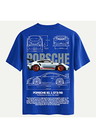 Unisex Bisiklet Yaka %100 Organik Pamuklu Kalın Dokulu Porsche 911 gt3 rs Baskılı Oversize T-shirt - SAKS MAVİSİ