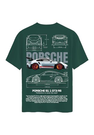 Unisex Bisiklet Yaka %100 Organik Pamuklu Kalın Dokulu Porsche 911 gt3 rs Baskılı Oversize T-shirt - KOYU YEŞİL