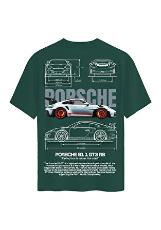 Unisex Bisiklet Yaka %100 Organik Pamuklu Kalın Dokulu Porsche 911 gt3 rs Baskılı Oversize T-shirt - KOYU YEŞİL