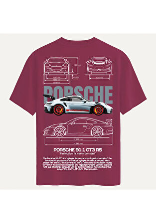 Unisex Bisiklet Yaka %100 Organik Pamuklu Kalın Dokulu Porsche 911 gt3 rs Baskılı Oversize T-shirt - BORDO