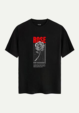 Unisex Bisiklet Yaka %100 Organik Pamuklu Kalın Dokulu Rose Baskılı Oversize T-shirt - SİYAH