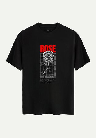 Unisex Bisiklet Yaka %100 Organik Pamuklu Kalın Dokulu Rose Baskılı Oversize T-shirt - SİYAH