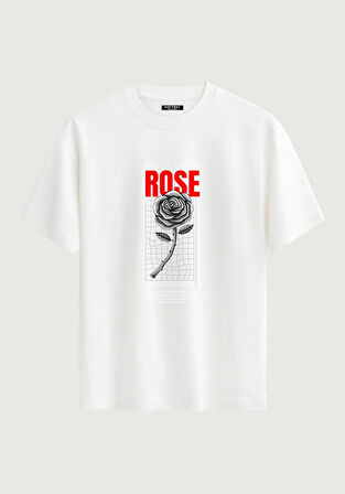 Unisex Bisiklet Yaka %100 Organik Pamuklu Kalın Dokulu Rose Baskılı Oversize T-shirt - BEYAZ