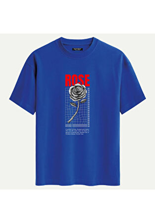 Unisex Bisiklet Yaka %100 Organik Pamuklu Kalın Dokulu Rose Baskılı Oversize T-shirt - SAKS MAVİSİ