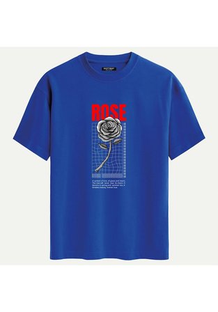 Unisex Bisiklet Yaka %100 Organik Pamuklu Kalın Dokulu Rose Baskılı Oversize T-shirt - SAKS MAVİSİ