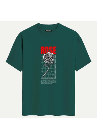 Unisex Bisiklet Yaka %100 Organik Pamuklu Kalın Dokulu Rose Baskılı Oversize T-shirt - KOYU YEŞİL