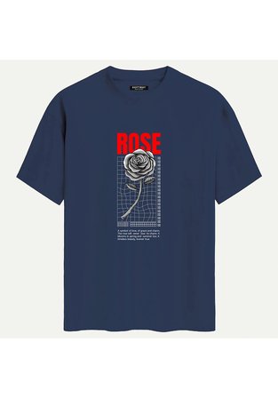 Unisex Bisiklet Yaka %100 Organik Pamuklu Kalın Dokulu Rose Baskılı Oversize T-shirt - LACİVERT