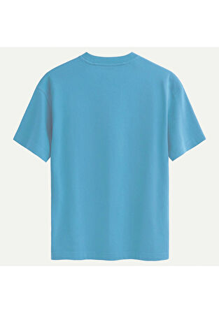 Unisex Bisiklet Yaka %100 Organik Pamuklu Kalın Dokulu Rose Baskılı Oversize T-shirt - MAVİ