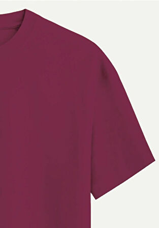 Unisex Bisiklet Yaka %100 Organik Pamuklu Kalın Dokulu Rose Baskılı Oversize T-shirt - BORDO
