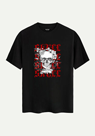 Unisex Bisiklet Yaka %100 Organik Pamuklu Kalın Dokulu Skull Baskılı Oversize T-shirt - SİYAH