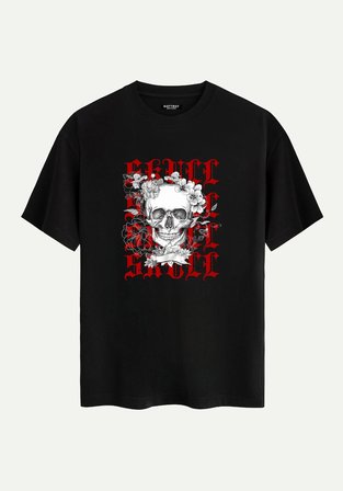 Unisex Bisiklet Yaka %100 Organik Pamuklu Kalın Dokulu Skull Baskılı Oversize T-shirt - SİYAH