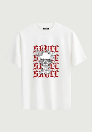 Unisex Bisiklet Yaka %100 Organik Pamuklu Kalın Dokulu Skull Baskılı Oversize T-shirt - BEYAZ