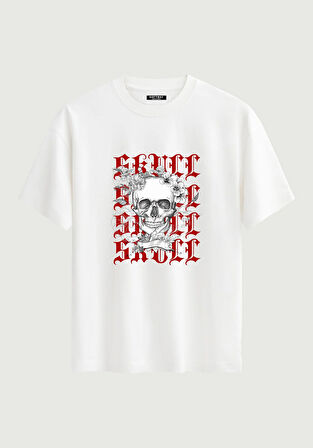 Unisex Bisiklet Yaka %100 Organik Pamuklu Kalın Dokulu Skull Baskılı Oversize T-shirt - BEYAZ